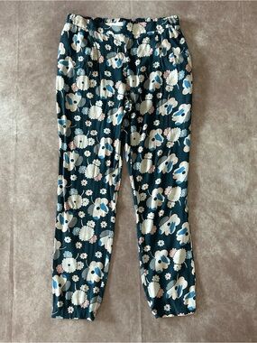 Boden Floral Elastic-Waist Pants Teal Blue Cream Blush Pockets US 8R